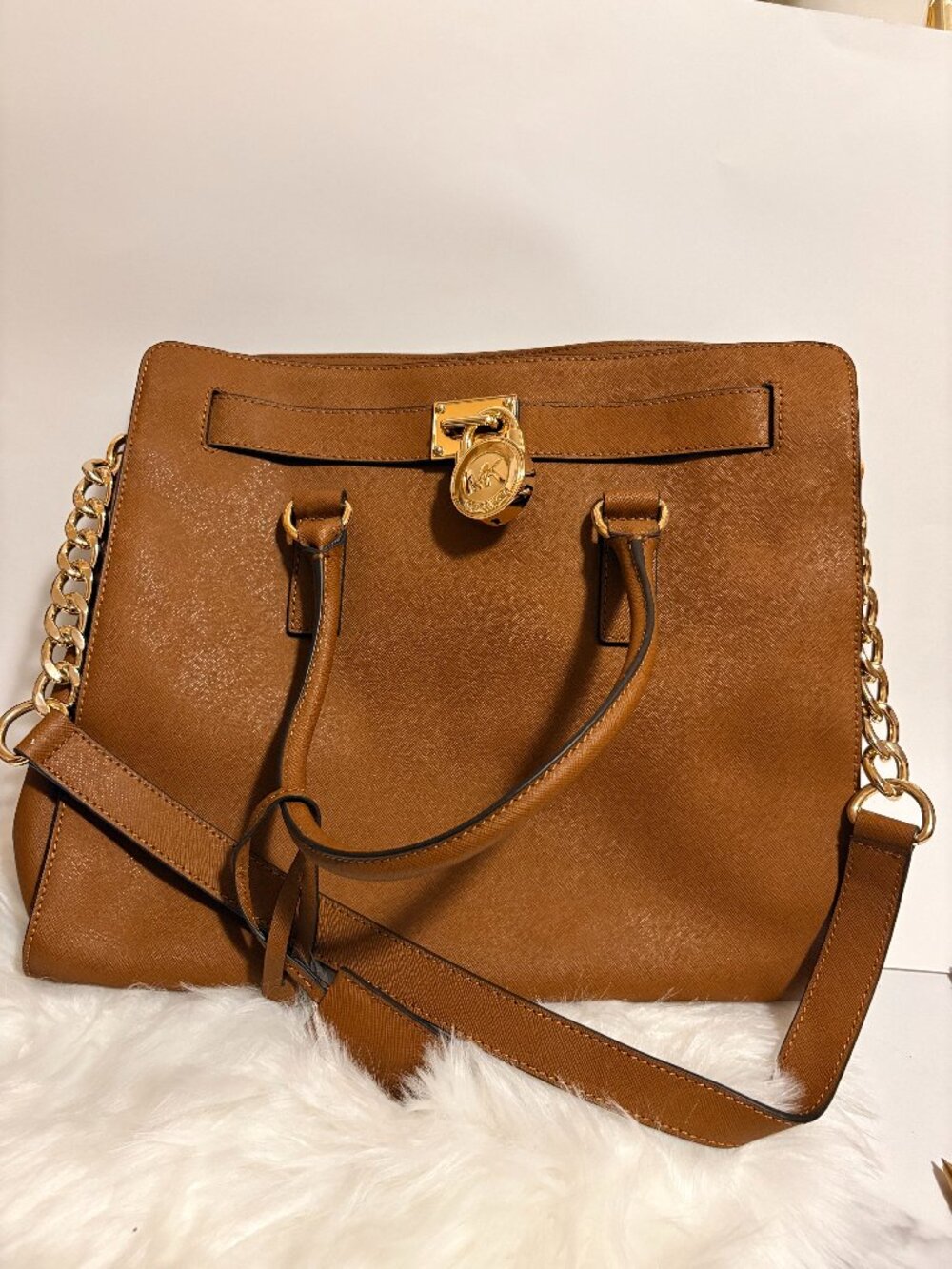 Michael Kors Hamilton Large Saffiano Leather Satchel Brown Gold Lock Bag NWOT